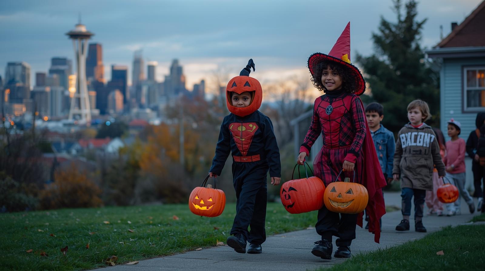 Kids in Halloween costumes trick-or-treating with the Seattle skyline or a recognizable neighborhood (like Queen Anne or Ballard) in the background..jpg