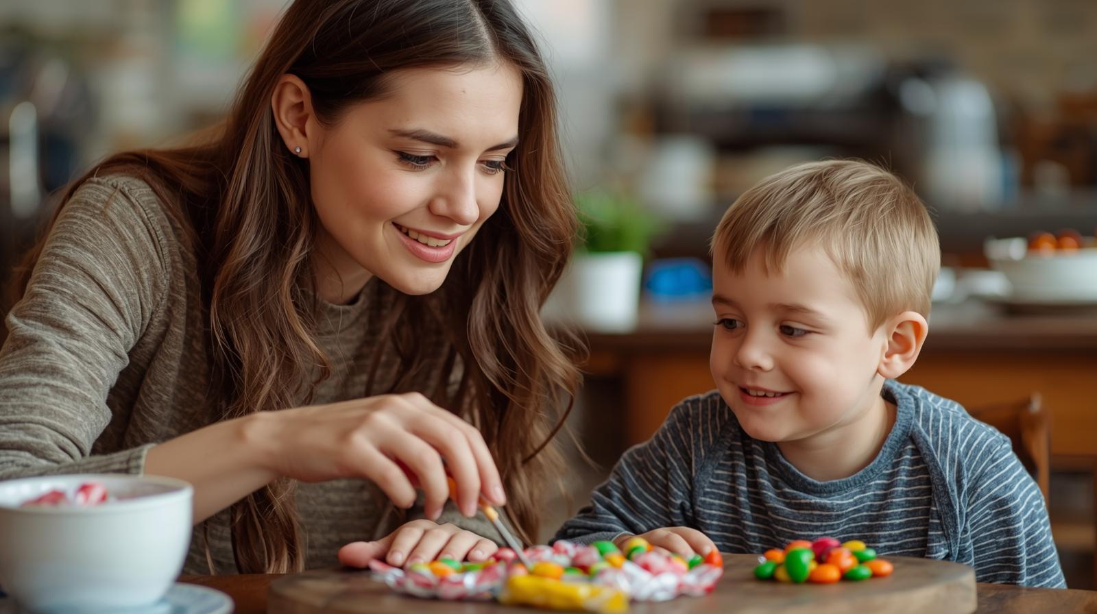 A nanny inspecting candies with a child nearby..jpg