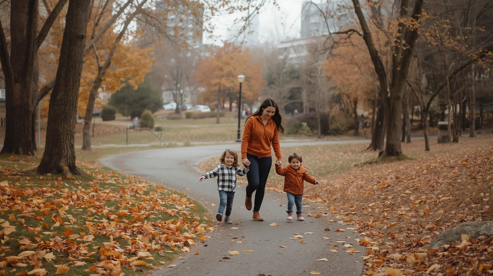 A cozy fall scene of a nanny walking hand-in-hand with two children down a leaf-covered path in a city park (bonus if it has that classic Seattle gray-sky ambiance)..jpg