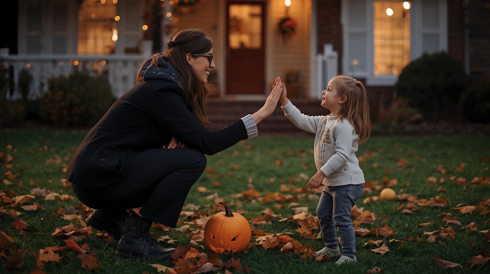 A nanny and child high-fiving or talking one-on-one after the trick or treat night.jpg