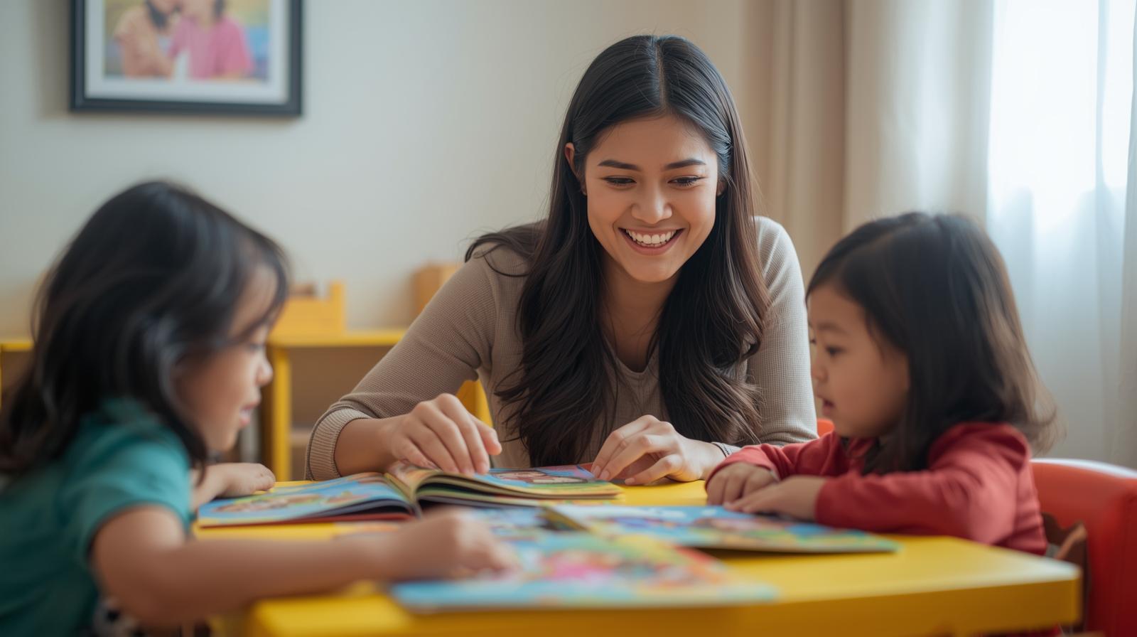 A young, professional nanny with a warm smile, sitting at a child-sized table reading to children indoors—shows engagement and warmth..jpg