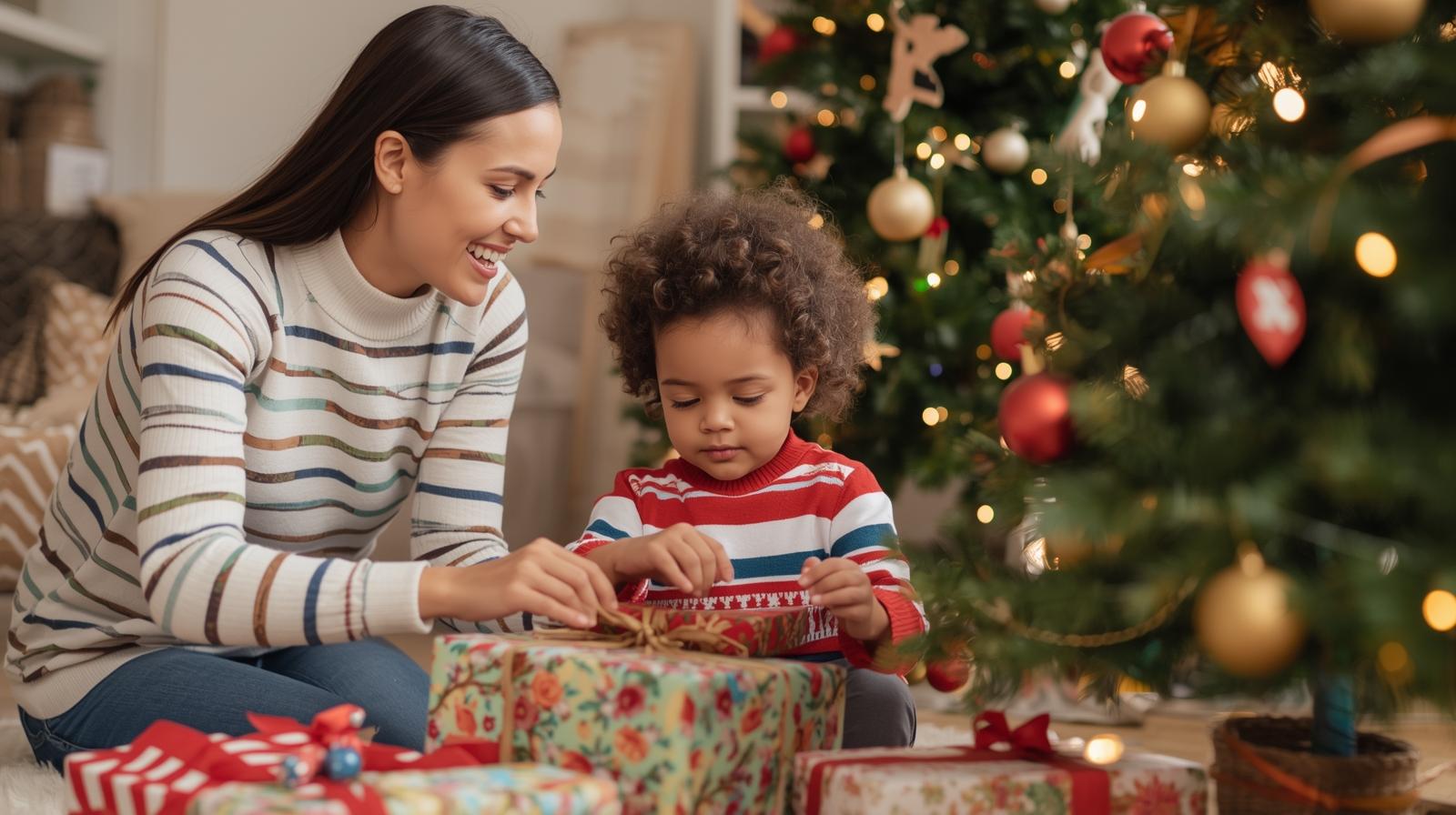 A nanny helping a child wrap gifts or decorate a tree, showing integration into family traditions..jpg